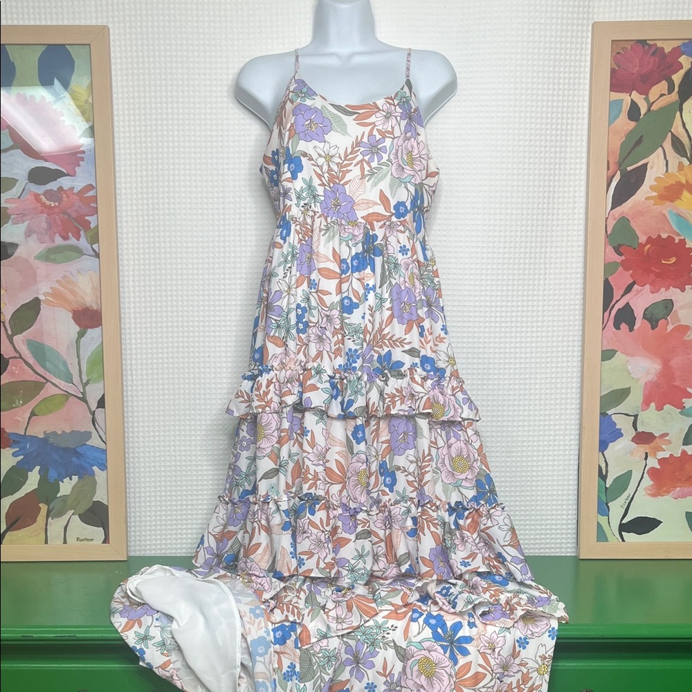 White Tiered Floral Print Maxi Dress Adjustable Spaghetti Straps Size Large - Picture 13 of 13
